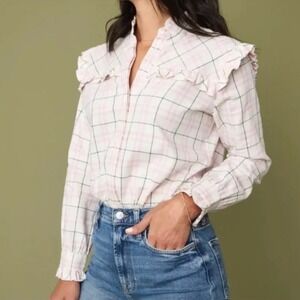 UNTUCKit Size 4 Josie Plaid Shirt Ruffle Trim‎ Long Sleeve Womens Button Down